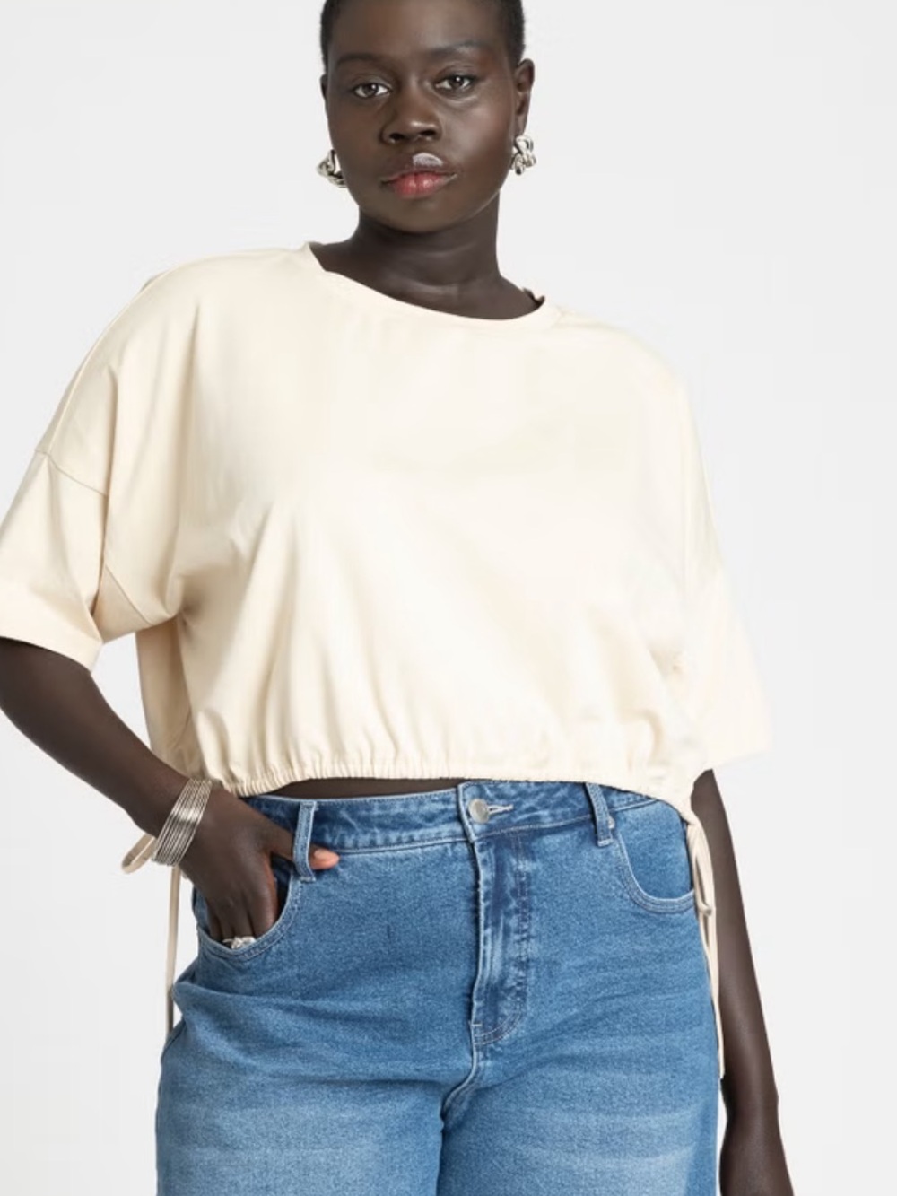 Eloquii Beige Drawstring Hem Boxy Crop Top